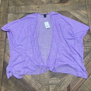 lilac, lightweight open-front cardigan appears to be a versatile layering piece